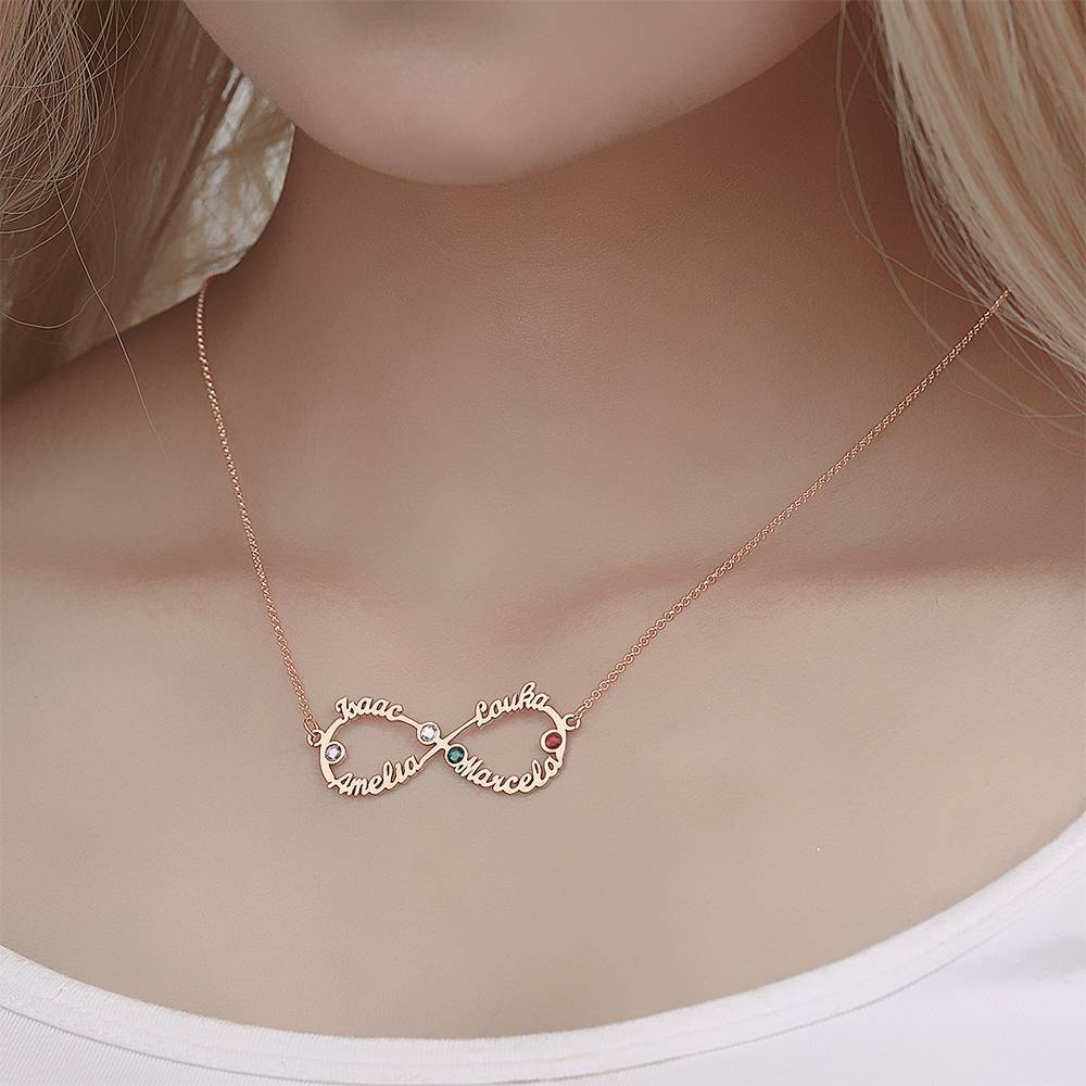 Collier Prenom Collier Prénom Avec Pierre De Naissance Collier Infini Quatre Prénom Quatre Pierres De Naissance Plaqué Or Rose - Argent