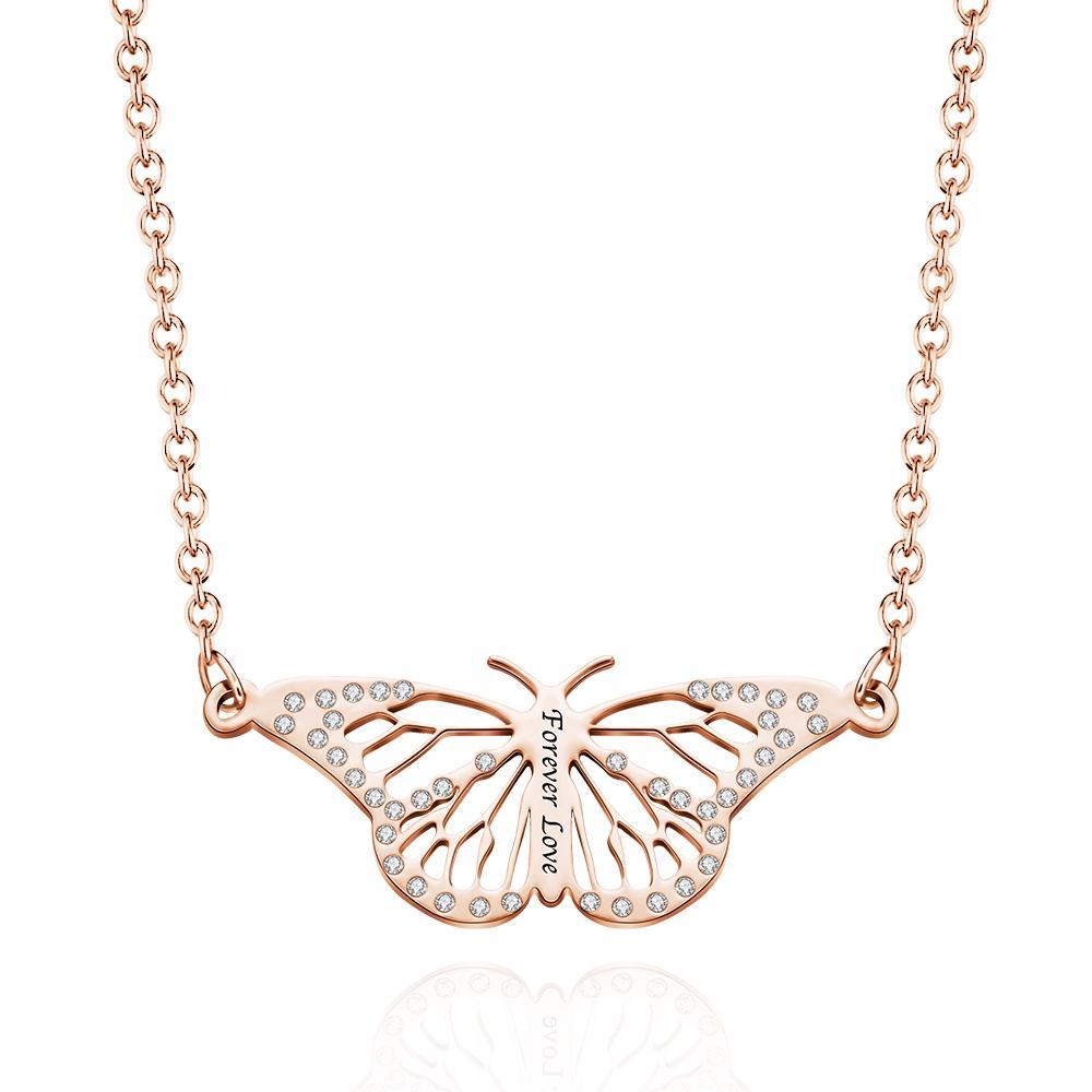 Collier Gravé Personnalisé Nom Diamant Découpe Papillon Rêve Mémorial Or Rose Cadeau