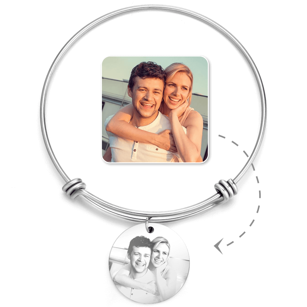 Bracelet Personnalisé Femme Charm Bracelet Photo Gravé Rond En Acier Inoxydable
