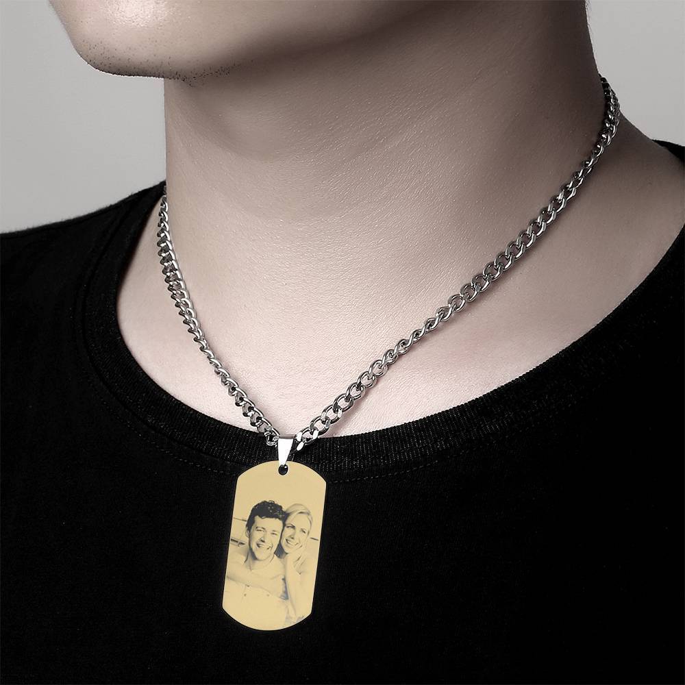 Homme Collier Tag Photo Gravé Avec Gravure En Acier Inoxydable Plaqué Or 18k