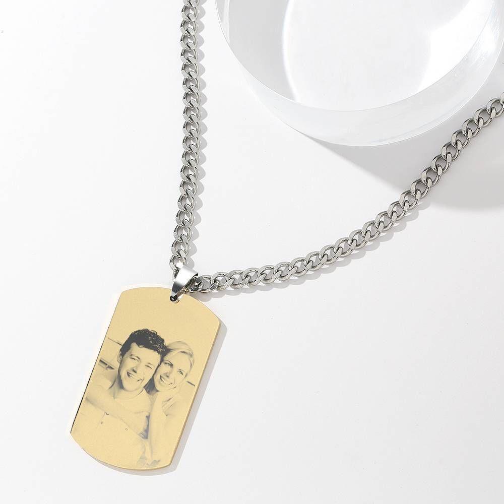 Homme Collier Tag Photo Gravé Avec Gravure En Acier Inoxydable Plaqué Or 18k