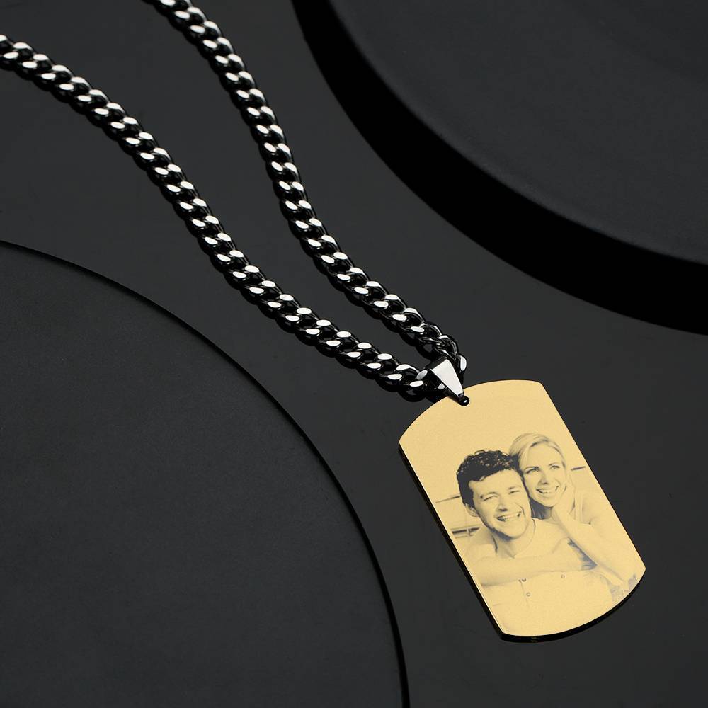 Homme Collier Tag Photo Gravé Avec Gravure En Acier Inoxydable Plaqué Or 18k