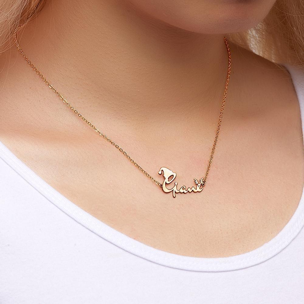 Collier Prenom Collier Prénom Avec Chapeau De No?l Et Bois Pour Cadeaux De No?l Cadeau Parfait Pour Elle En Argent Plaqué Or Rose