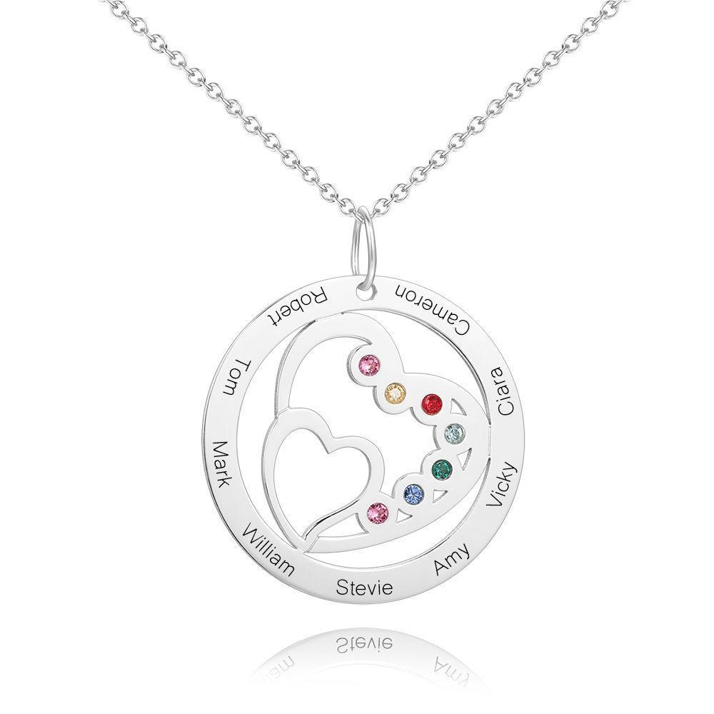 Collier Rond Et Coeur Gravé En Argent Avec Pierre De Naissance Personnalisée