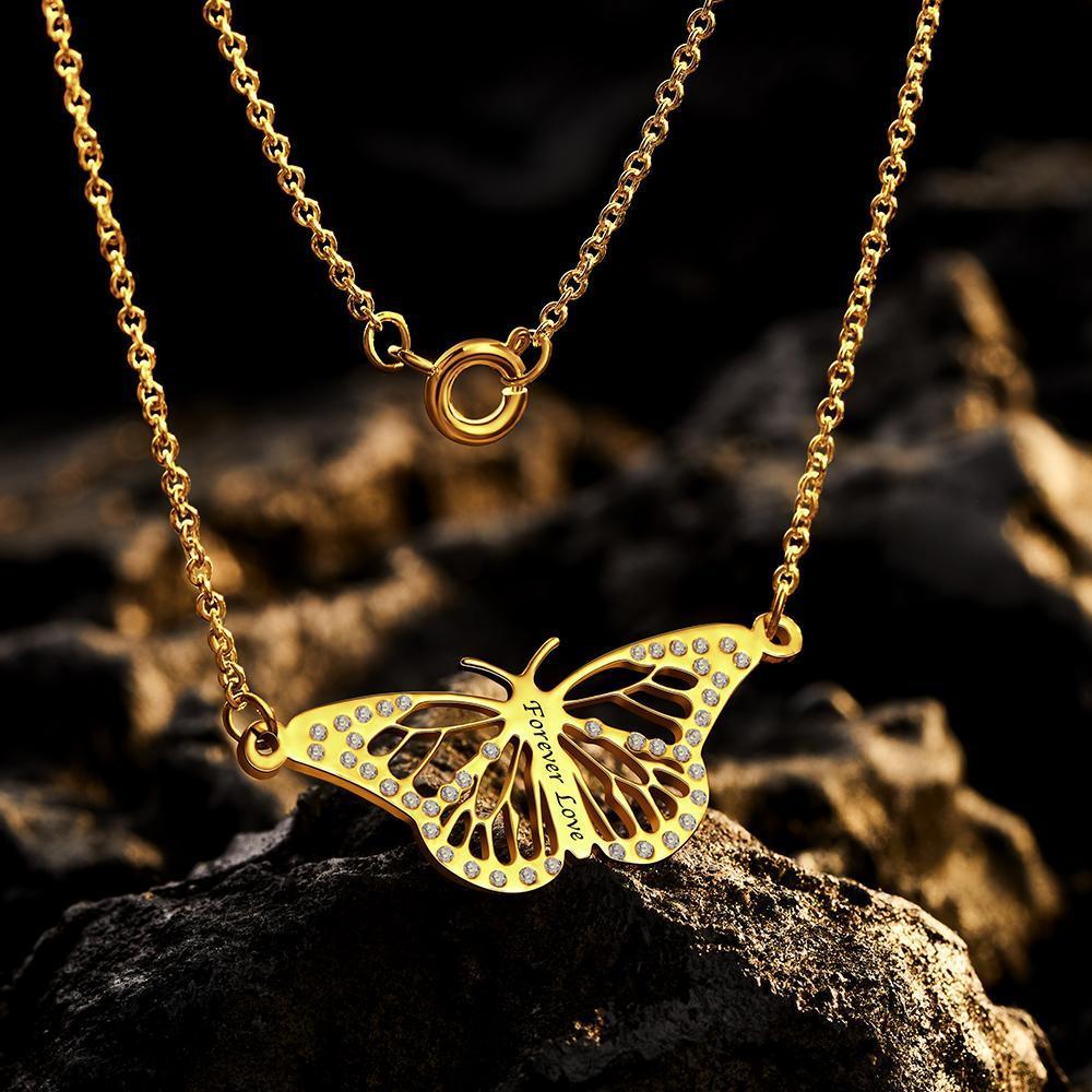 Collier Gravé Personnalisé Nom Diamant Découpe Papillon Rêve Mémorial Or Cadeau