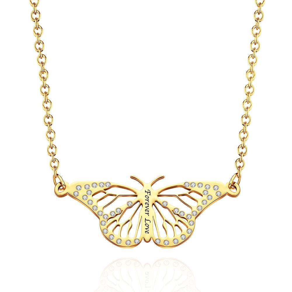 Collier Gravé Personnalisé Nom Diamant Découpe Papillon Rêve Mémorial Or Rose Cadeau