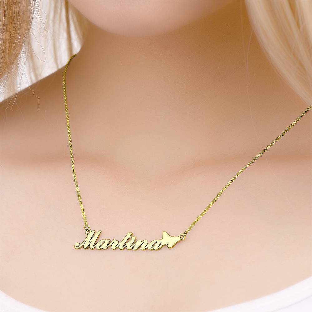 Collier Prenom Collier Prénom Avec Papillon Mignon, Cadeau Parfait Pour Petite Amie Plaqué En Or 14k - Argent