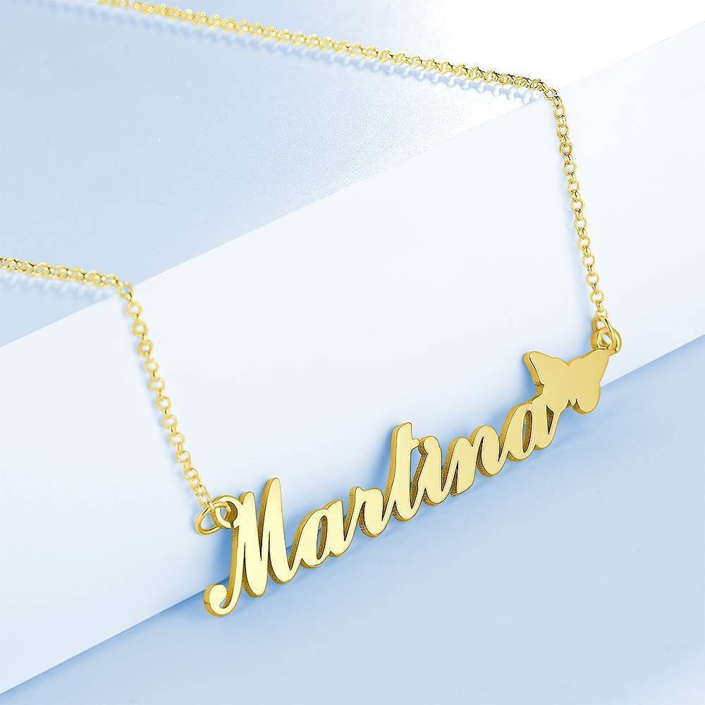 Collier Prenom Collier Prénom Avec Papillon Mignon, Cadeau Parfait Pour Petite Amie Plaqué En Or 14k - Argent
