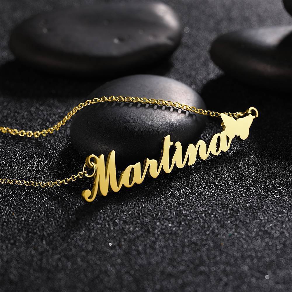 Collier Prenom Collier Prénom Avec Papillon Mignon, Cadeau Parfait Pour Petite Amie Plaqué En Or 14k - Argent
