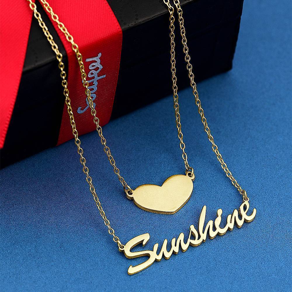 Collier Prenom Collier Prénom Personnalisé Superposé Avec Coeur En Argent Plaqué Or 14k