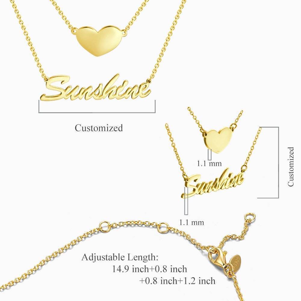 Collier Prenom Collier Prénom Personnalisé Superposé Avec Coeur En Argent Plaqué Or 14k
