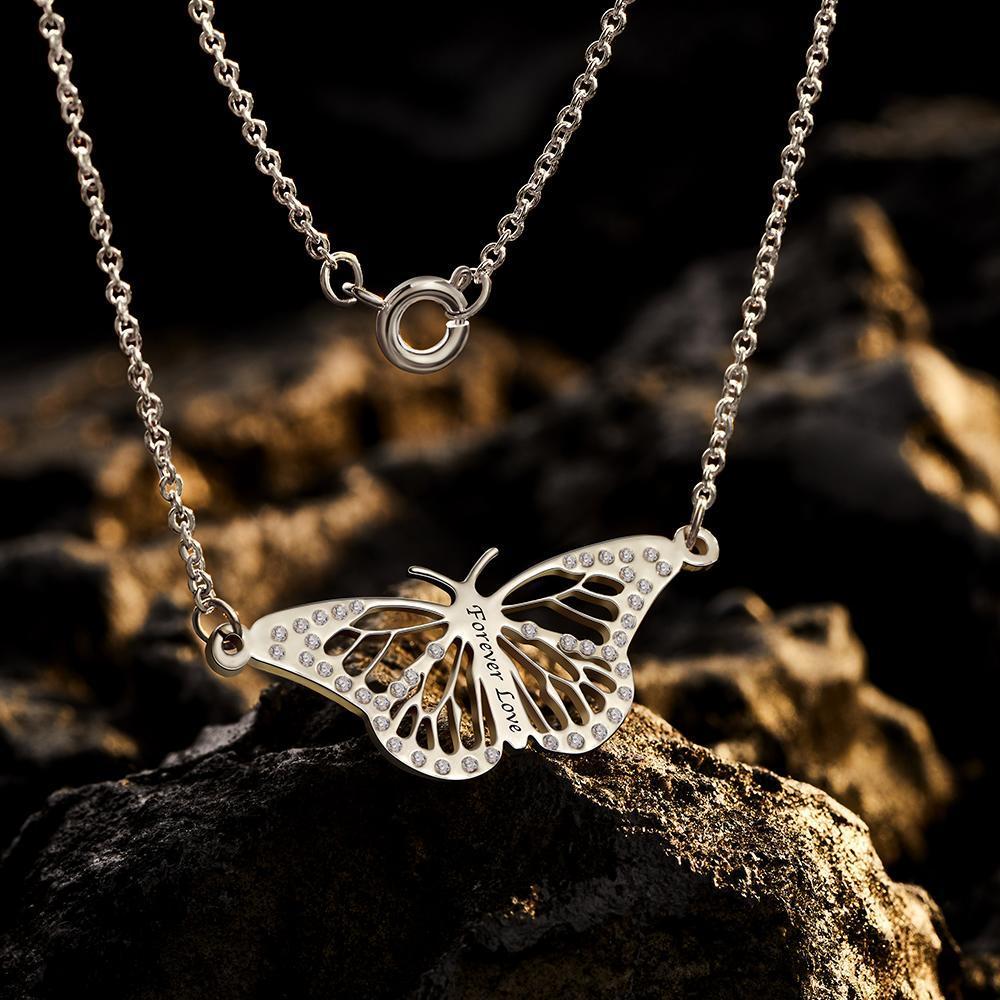 Collier Gravé Personnalisé Nom Diamant Découpe Papillon Rêve Mémorial Or Rose Cadeau
