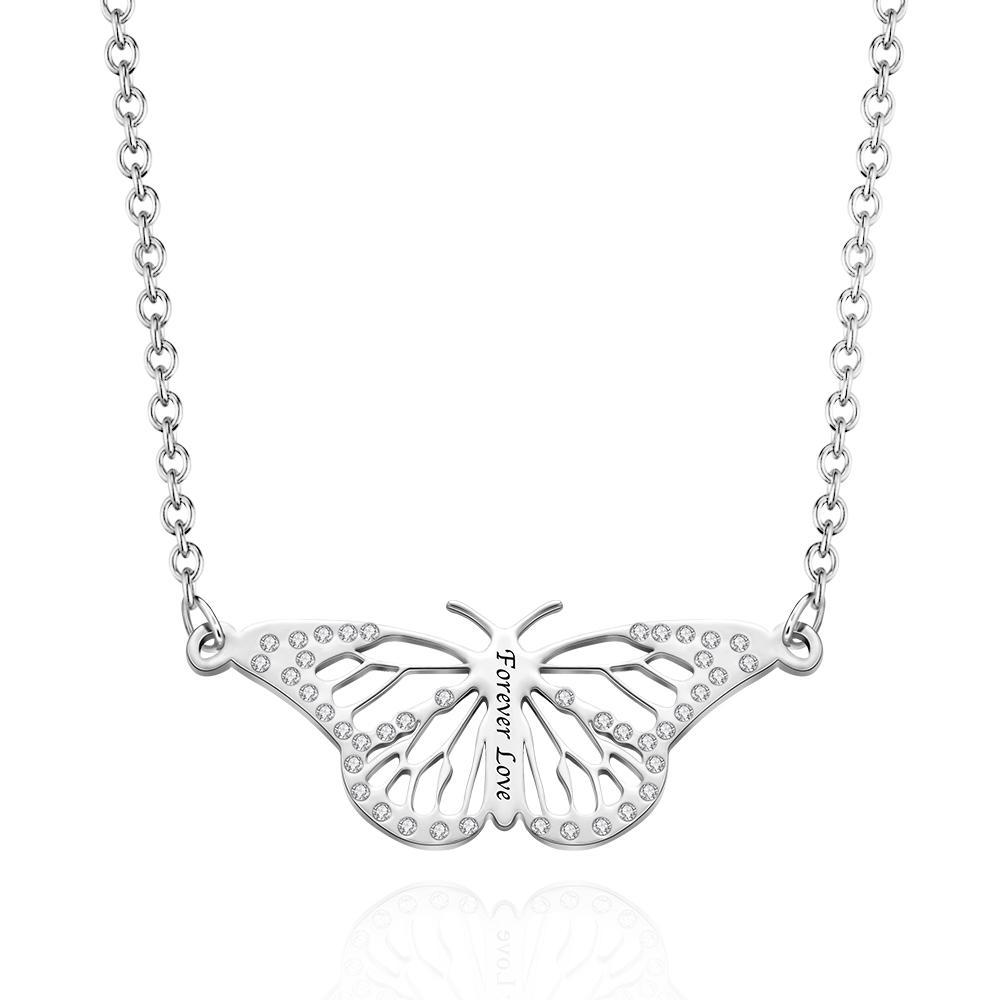 Collier Gravé Personnalisé Nom Diamant Découpe Papillon Rêve Souvenir Sliver Cadeau