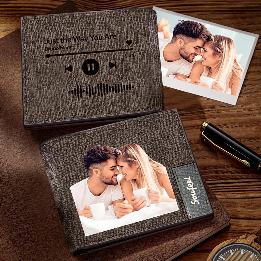 Scannable Music Code Wallet Portefeuille Avec Photo Gravée Cadeaux De Chansons Préférées Personnalisées Pour Lui