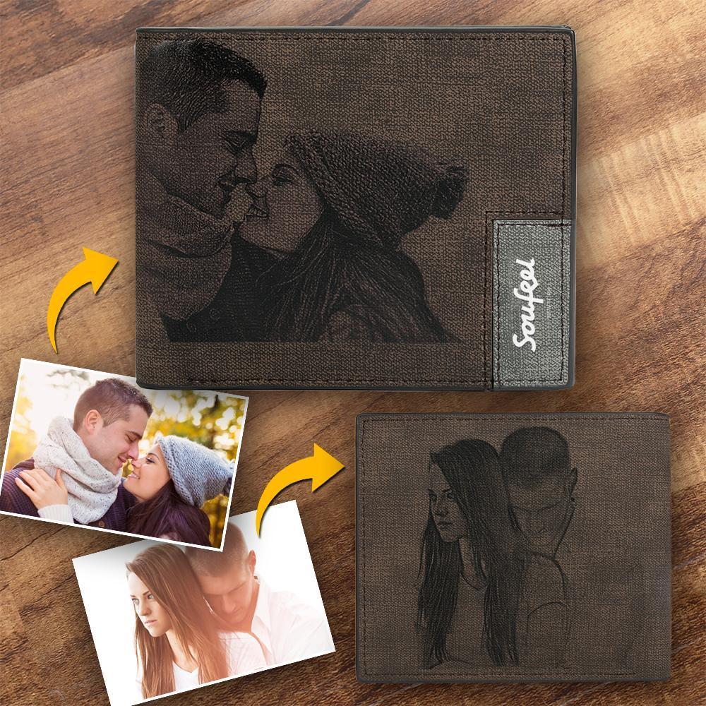 Portefeuille à Deux Volets Avec Gravure Personnalisé Pour Hommes Deux Photos - Cuir Café