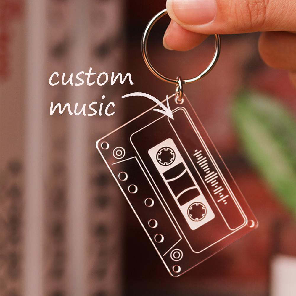 Scannable Music Code Tape Keychain, Gravé Custom Music Song Keychain Blue Tape Cadeaux Pour La Famille