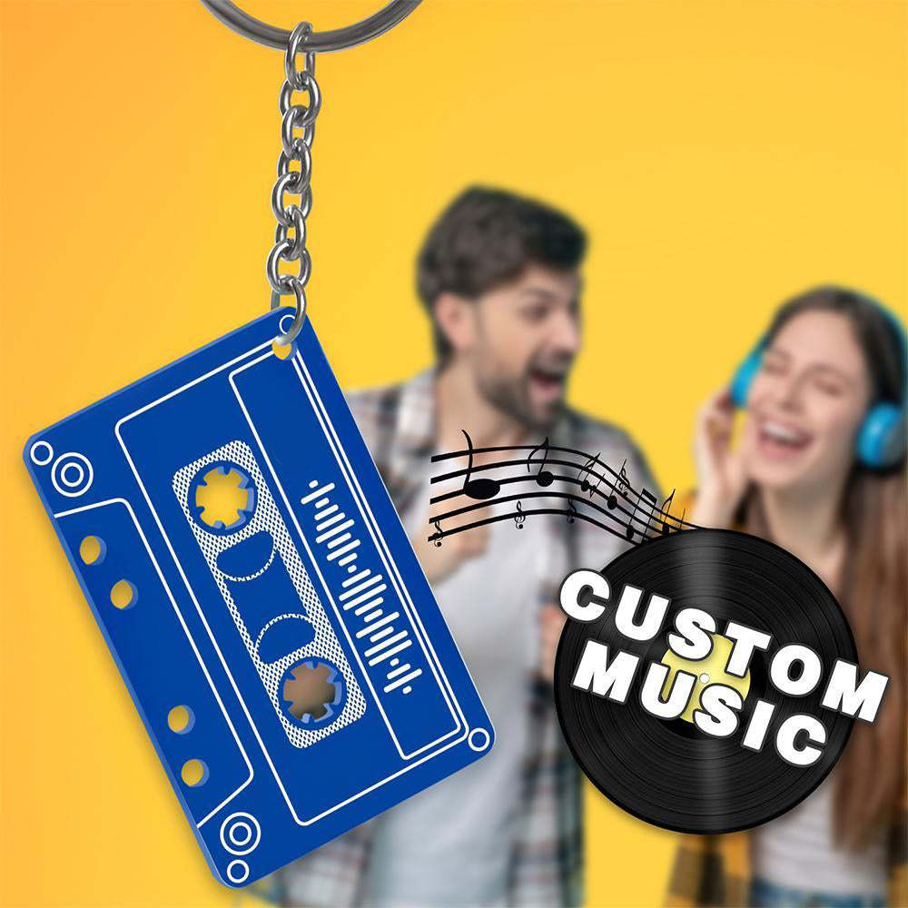 Scannable Music Code Tape Keychain, Gravé Custom Music Song Keychain Blue Tape Cadeaux Pour La Famille