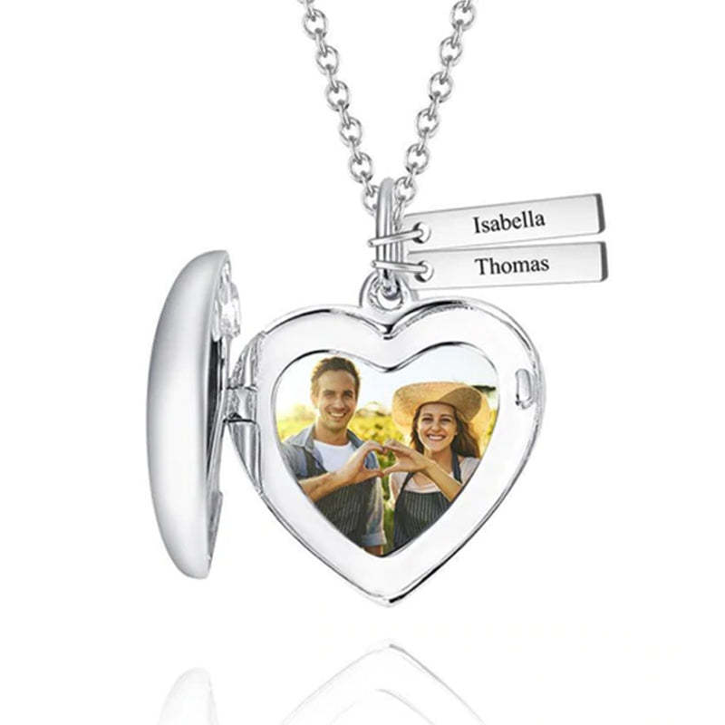 Collier Photo Médaillon Coeur Avec Deux Barres à Graver Plaqué Or 14k