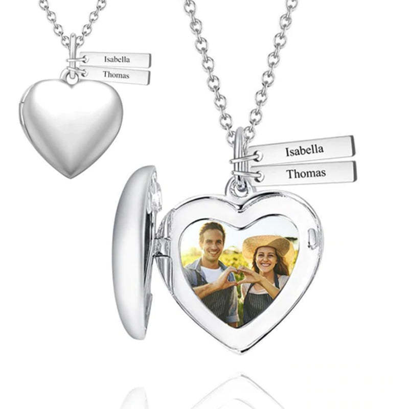 Collier Photo Médaillon Coeur Avec Deux Barres à Graver Plaqué Or 14k