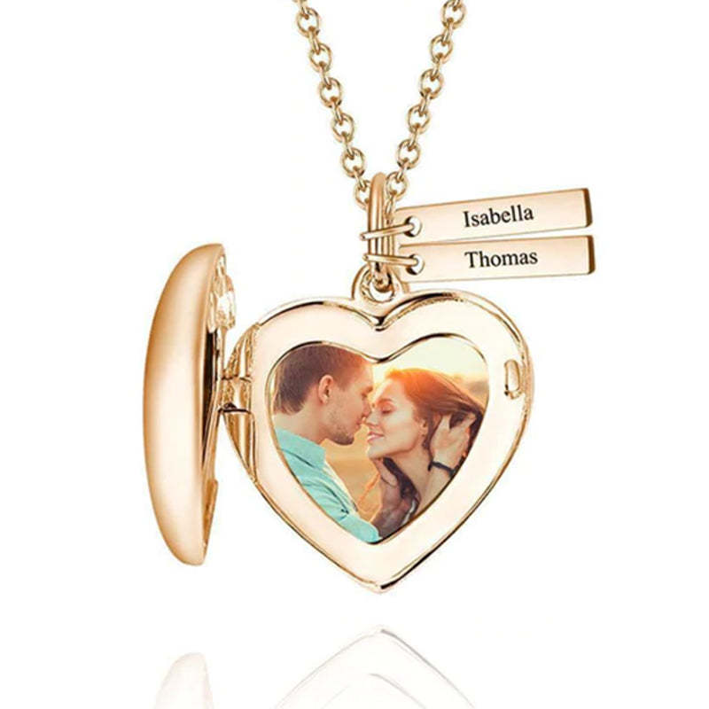 Collier Photo Médaillon Coeur Avec Deux Barres à Graver Plaqué Or 14k
