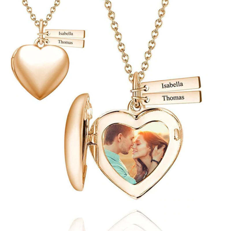 Collier Photo Médaillon Coeur Avec Deux Barres à Graver Plaqué Or 14k