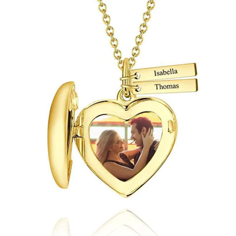 Collier Photo Médaillon Coeur Avec Deux Barres à Graver Plaqué Or 14k