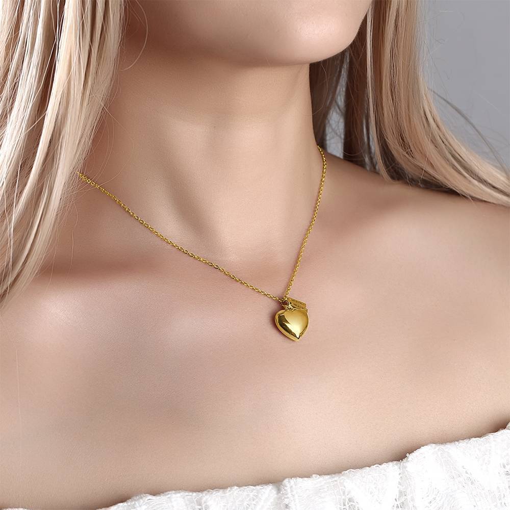 Collier Photo Médaillon Coeur Avec Deux Barres à Graver Plaqué Or 14k