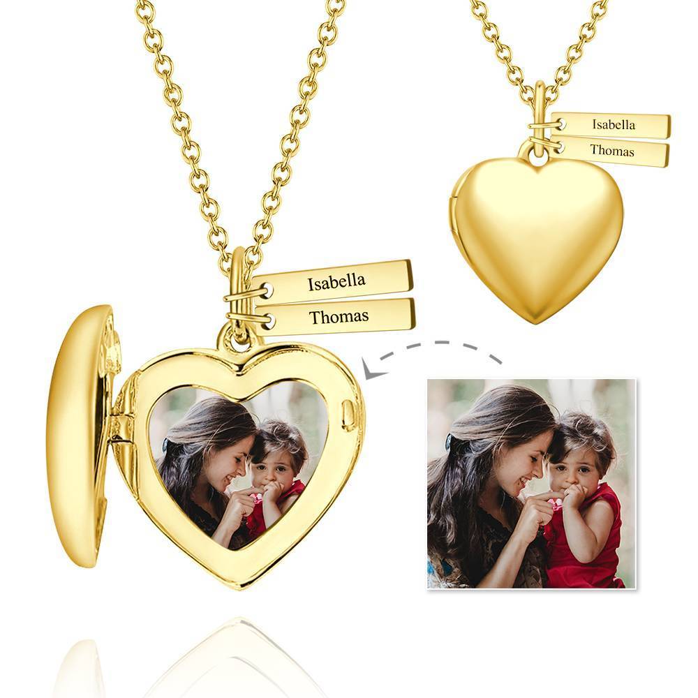 Cadeaux Pour La Fête Des Mères - Collier Photo Médaillon Coeur Avec Deux Barres à Graver Plaqué Or 14k