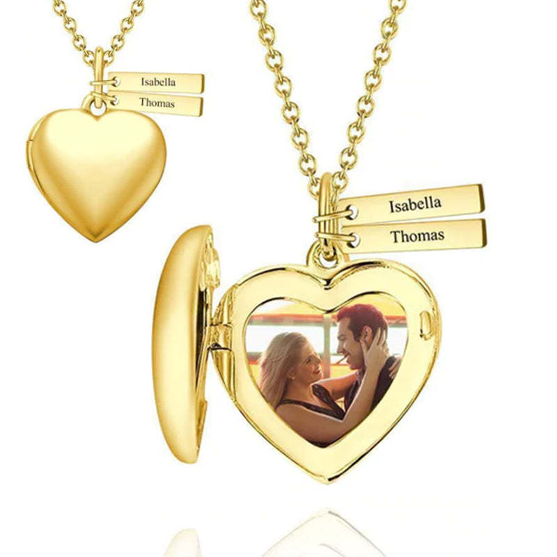 Collier Photo Médaillon Coeur Avec Deux Barres à Graver Plaqué Or 14k