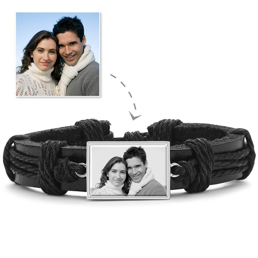 Bracelet Personnalisé Bracelet Photo, Cadeau Souvenir En Cuir Noir De Forme Carrée Plaqué Or Rose - Photocopies