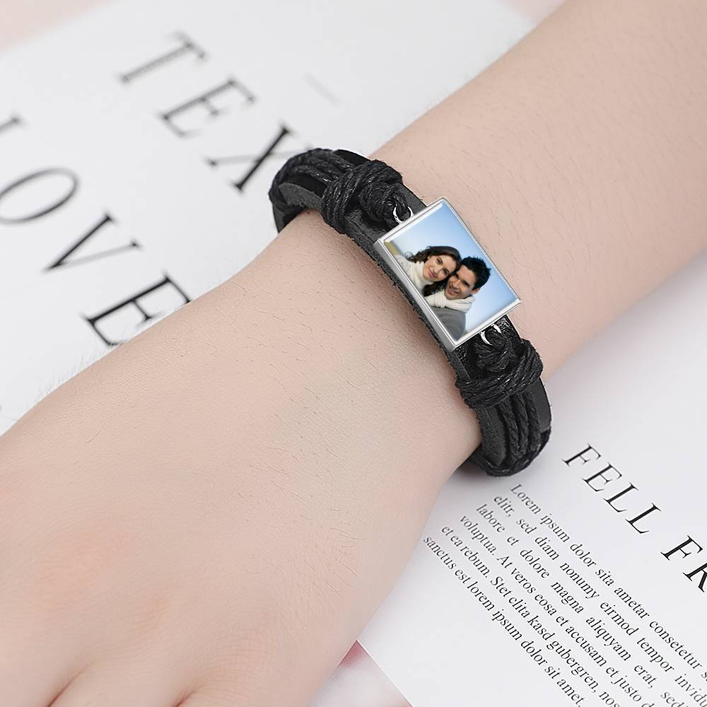 Bracelet Personnalisé Bracelet Photo, Cadeau Souvenir En Cuir Noir De Forme Carrée Platine Argenté - Coloré