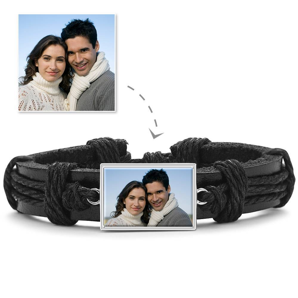 Bracelet Personnalisé Bracelet Photo, Cadeau Souvenir En Cuir Noir De Forme Carrée Platine Argenté - Coloré