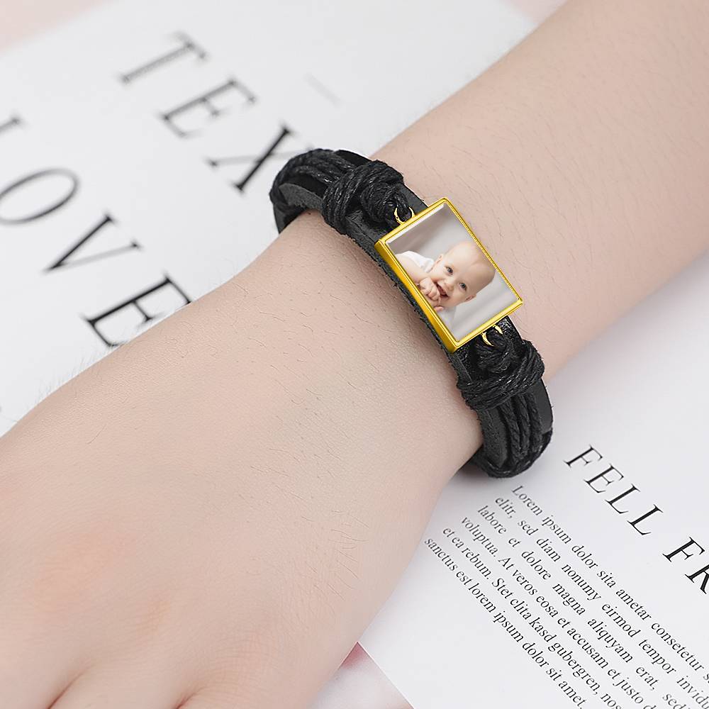 Bracelet Personnalisé Bracelet Photo, Cadeau Souvenir En Cuir Noir De Forme Carrée Plaqué Or 14k Doré - Coloré