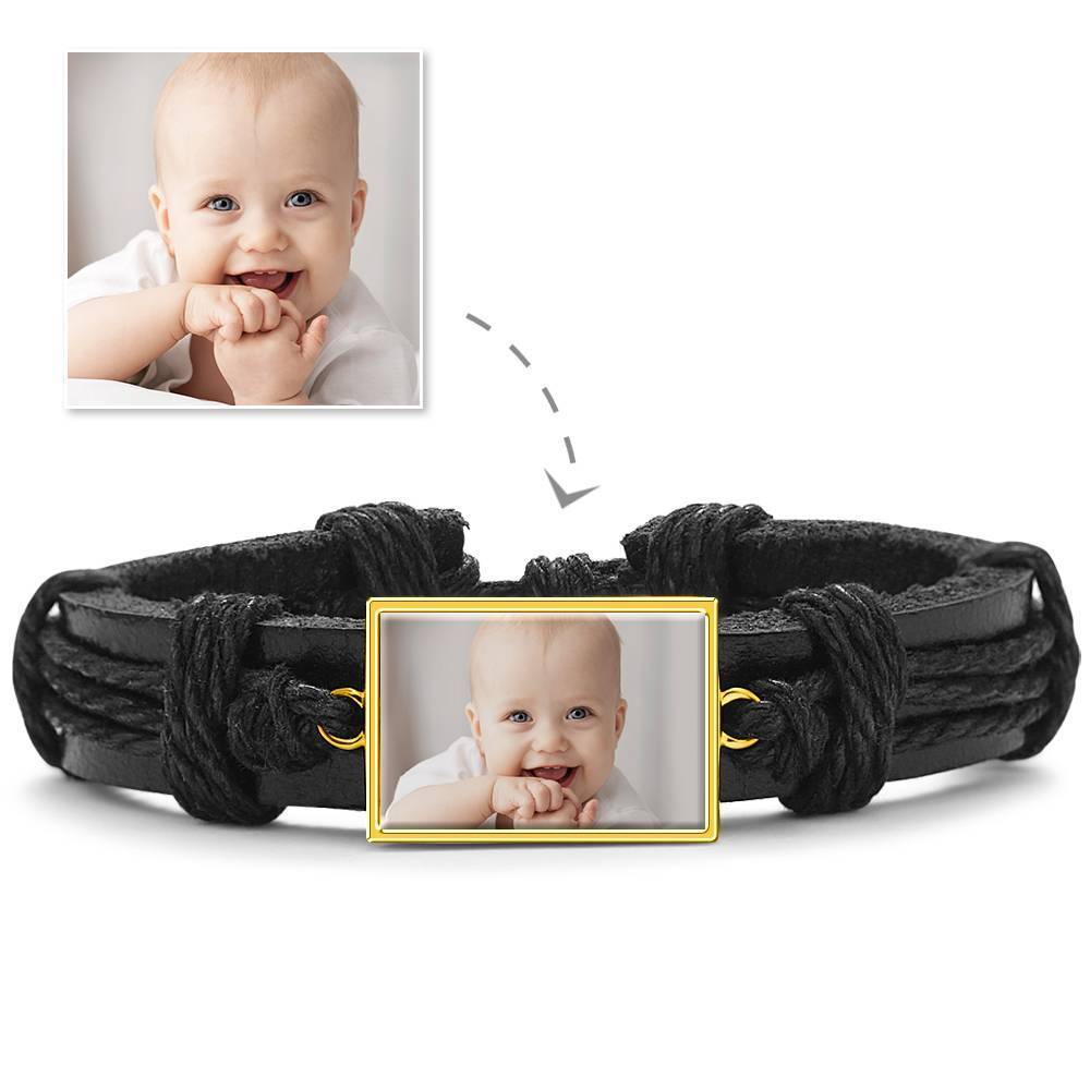 Bracelet Personnalisé Bracelet Photo, Cadeau Souvenir En Cuir Noir De Forme Carrée Plaqué Or 14k Doré - Coloré