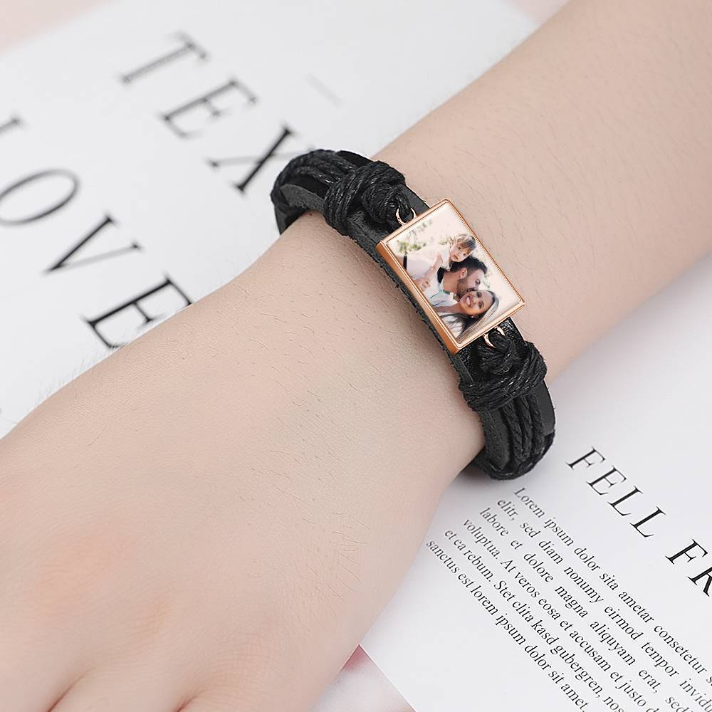 Bracelet Personnalisé Bracelet Photo, Cadeau Souvenir En Cuir Noir De Forme Carrée Plaqué Or Rose - Coloré
