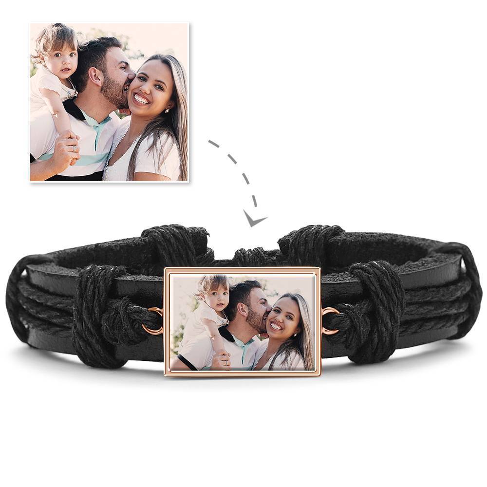Bracelet Personnalisé Bracelet Photo, Cadeau Souvenir En Cuir Noir De Forme Carrée Plaqué Or Rose - Coloré