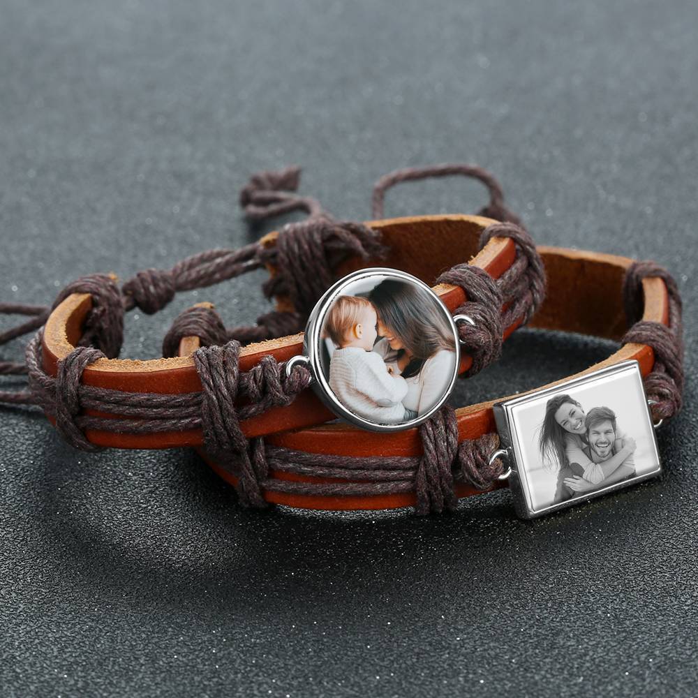 Bracelet Personnalisé Bracelet Photo, Cadeau Unique En Cuir Marron De Forme Carrée Platine Argenté - Photocopies