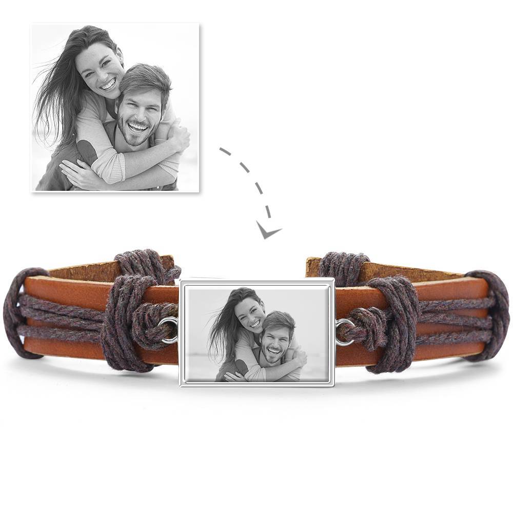 Bracelet Personnalisé Bracelet Photo, Cadeau Unique En Cuir Marron De Forme Carrée Platine Argenté - Photocopies