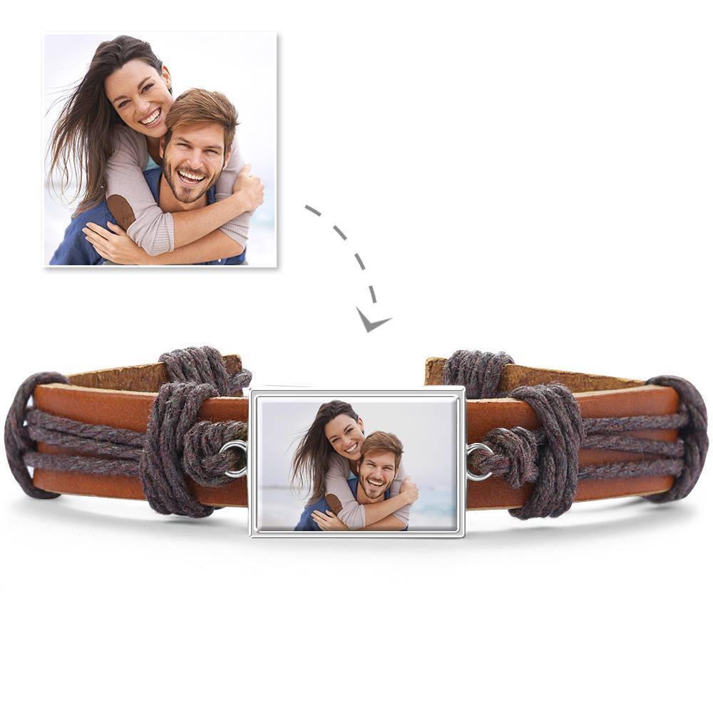Bracelet Personnalisé Bracelet Photo, Cadeau Unique En Cuir Marron De Forme Carrée Platine Argenté - Coloré