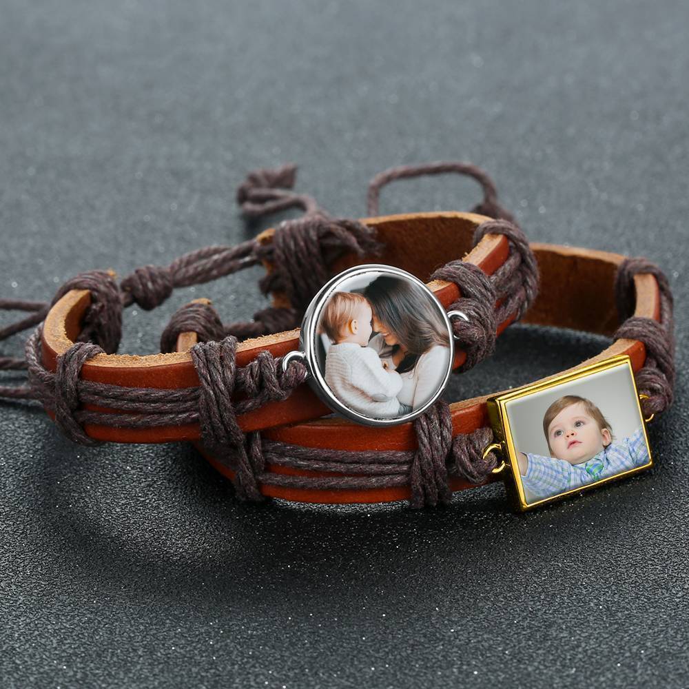 Bracelet Personnalisé Bracelet Photo, Cadeau Souvenir En Cuir Marron De Forme Carrée Plaqué Or 14k Doré - Coloré