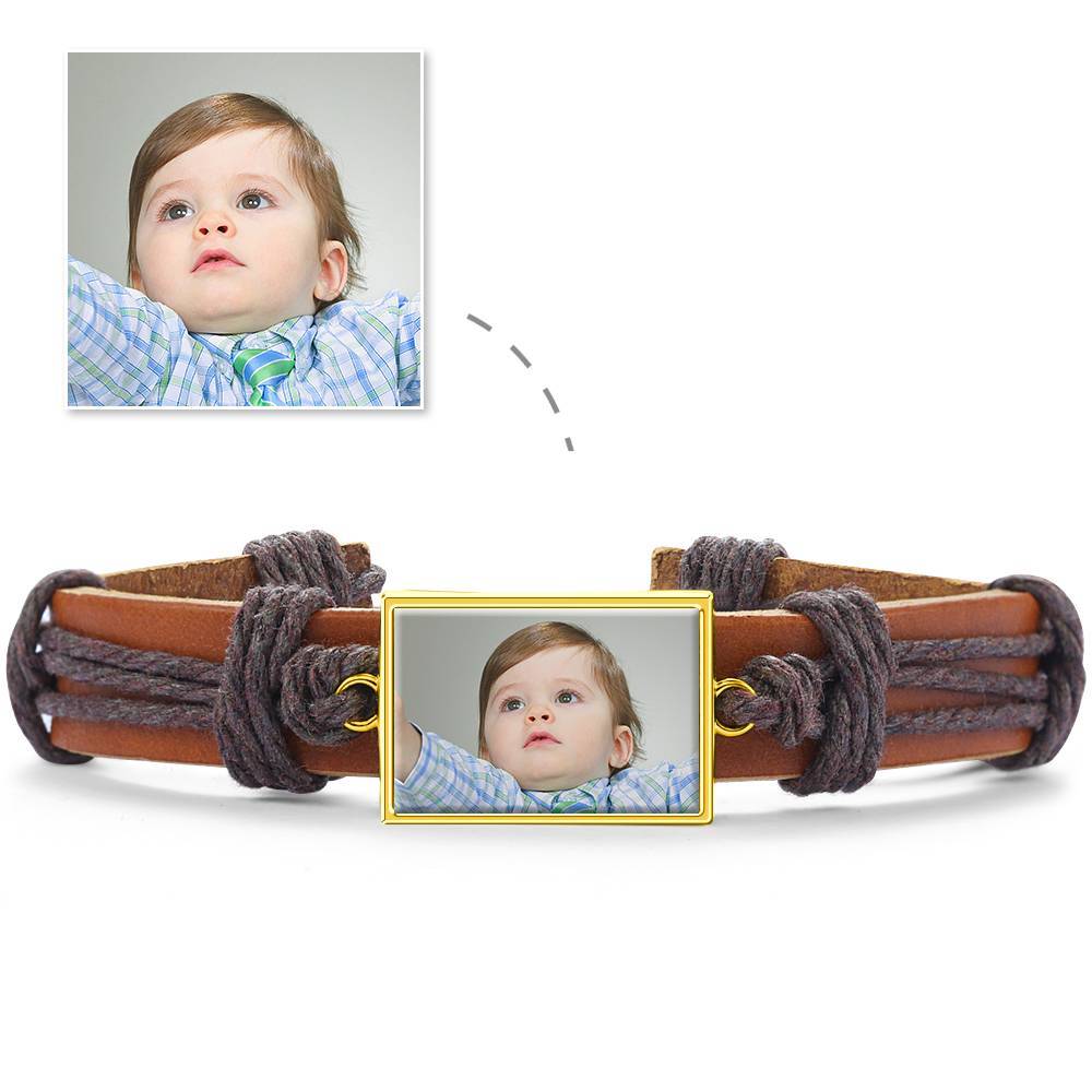 Bracelet Personnalisé Bracelet Photo, Cadeau Souvenir En Cuir Marron De Forme Carrée Plaqué Or 14k Doré - Coloré