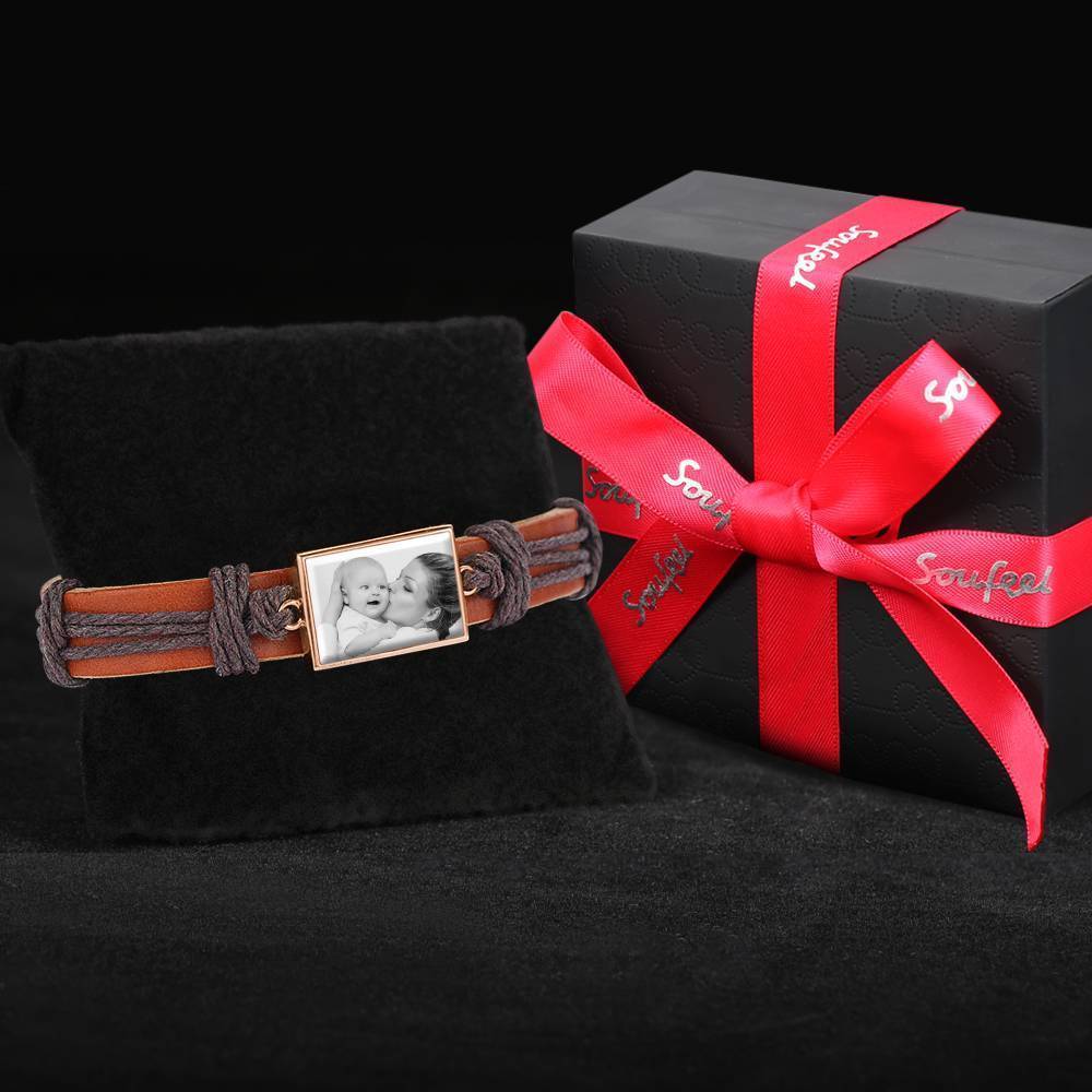 Bracelet Personnalisé Bracelet Photo, Cadeau Souvenir En Cuir Marron De Forme Carrée Plaqué Or Rose - Photocopies