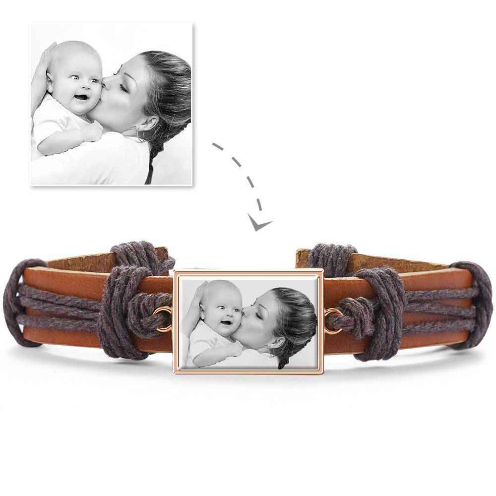 Bracelet Personnalisé Bracelet Photo, Cadeau Unique En Cuir Marron De Forme Carrée Platine Argenté - Photocopies