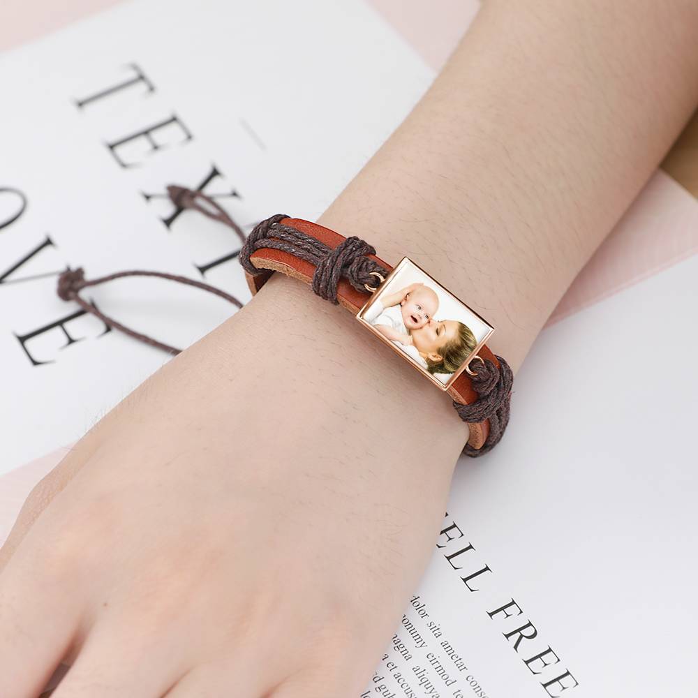 Bracelet Personnalisé Bracelet Photo, Cadeau Souvenir En Cuir Marron De Forme Carrée Plaqué Or Rose - Coloré