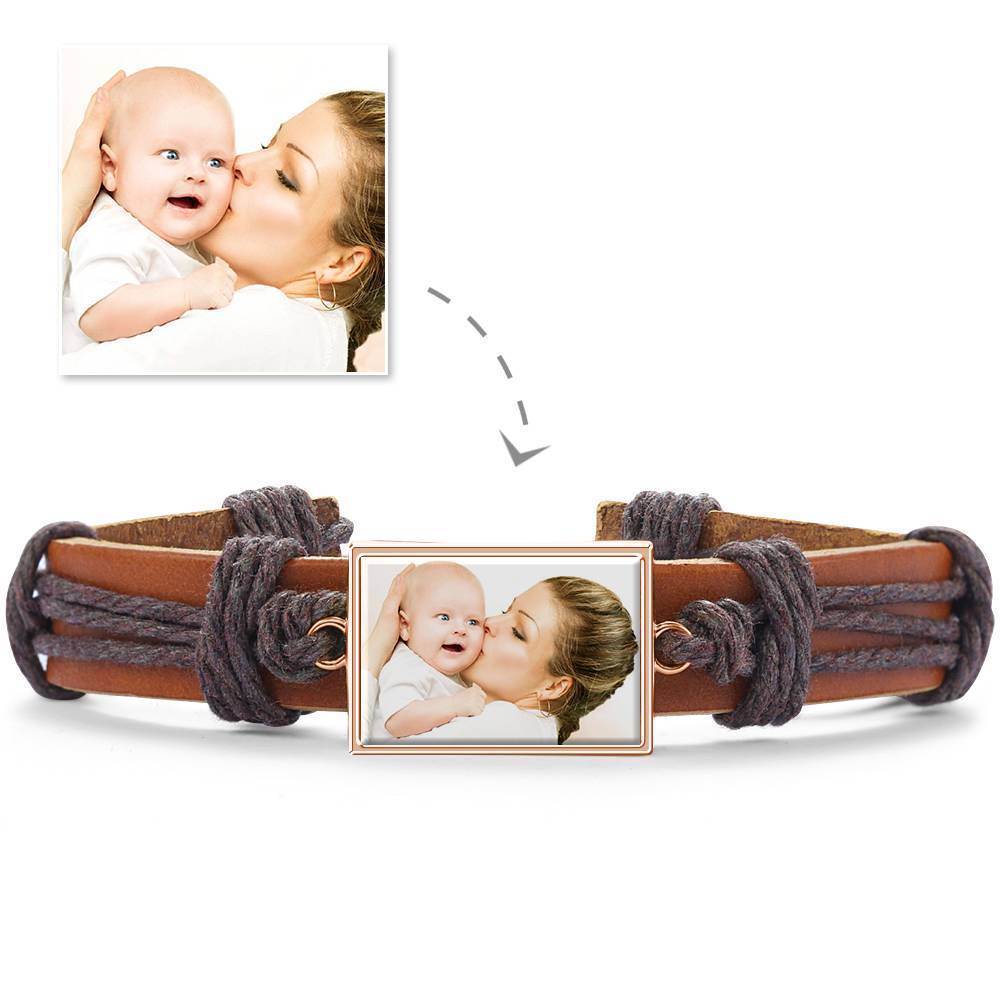 Bracelet Personnalisé Bracelet Photo, Cadeau Souvenir En Cuir Marron De Forme Carrée Plaqué Or 14k Doré - Coloré