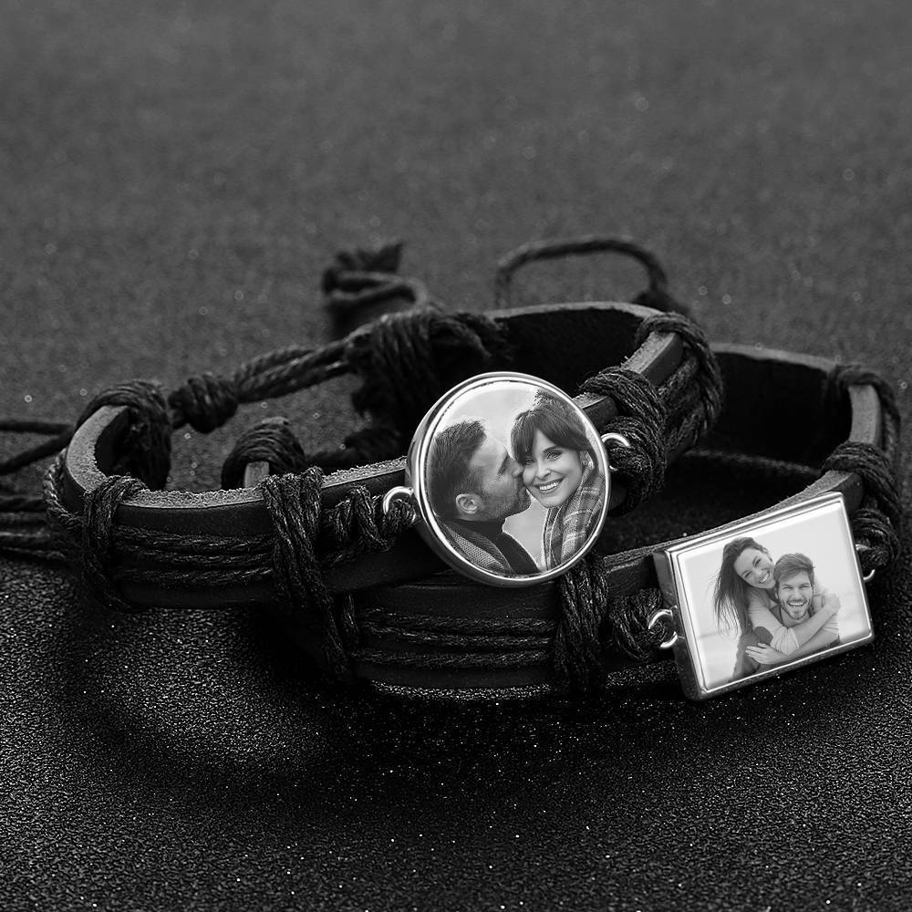 Bracelet Personnalisé Bracelet Photo, Cadeau Souvenir En Cuir Noir De Forme Ronde Platine Argenté - Photocopies