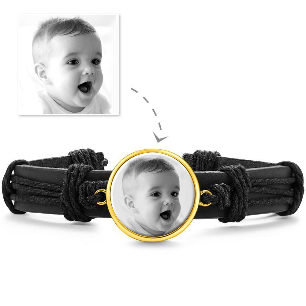 Bracelet Personnalisé Bracelet Photo, Cadeau Souvenir En Cuir Noir De Forme Ronde Plaqué Or 14k Doré - Photocopies