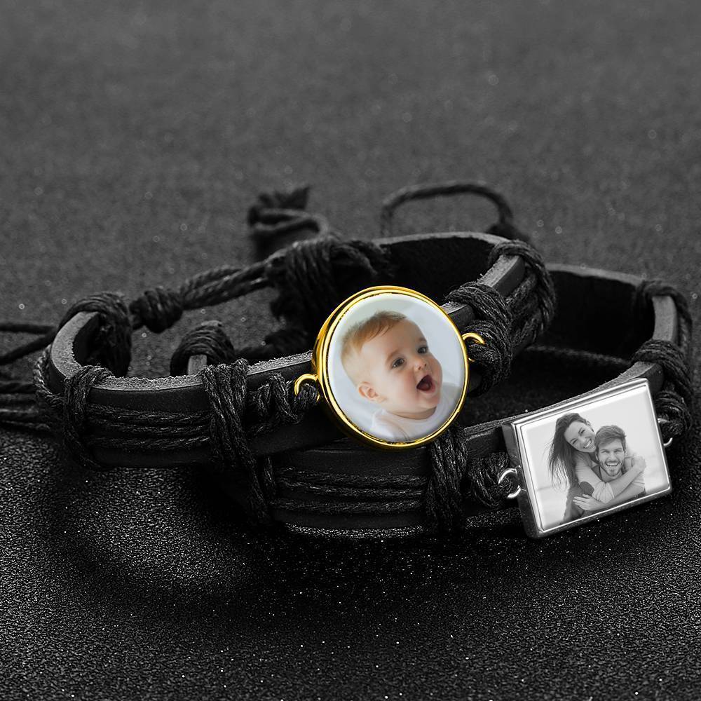 Bracelet Personnalisé Bracelet Photo, Cadeau Souvenir En Cuir Noir De Forme Ronde Plaqué Or 14k Doré - Coloré