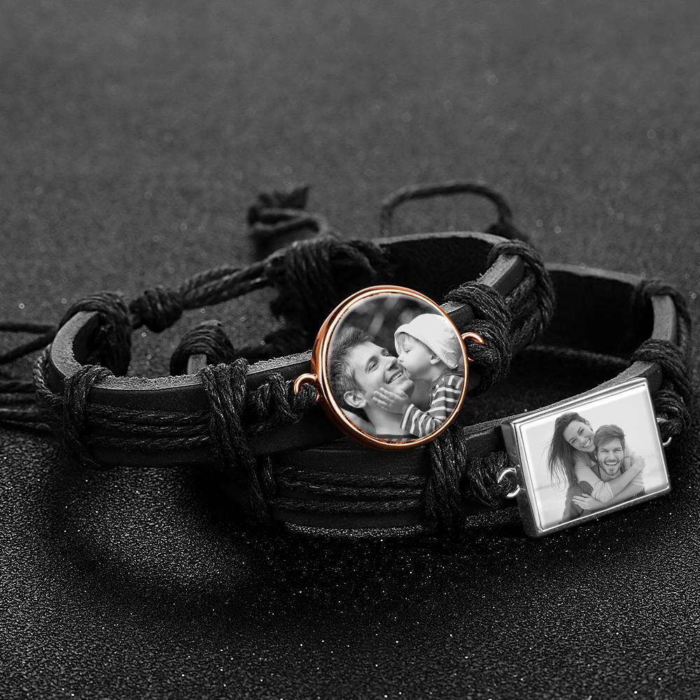 Bracelet Personnalisé Bracelet Photo, Cadeau Souvenir En Cuir Noir De Forme Ronde Plaqué Or Rose - Photocopies