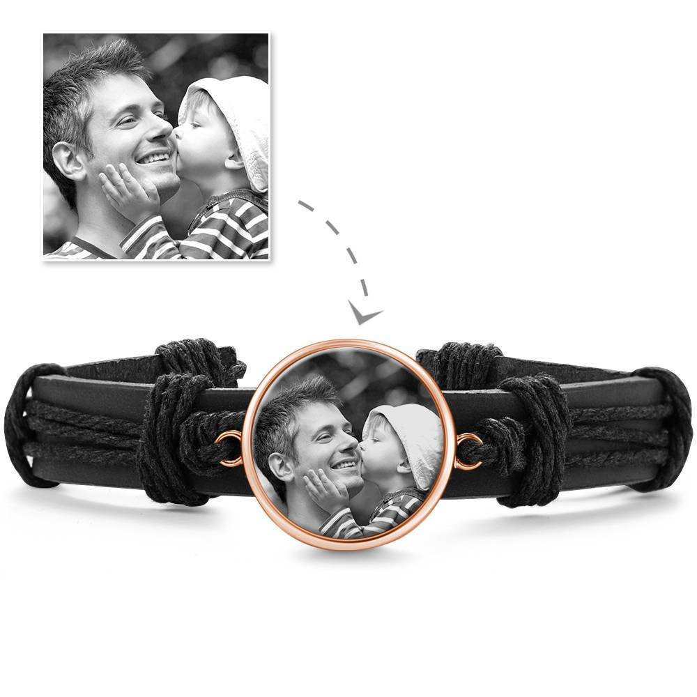 Bracelet Personnalisé Bracelet Photo, Cadeau Souvenir En Cuir Noir De Forme Ronde Plaqué Or Rose - Photocopies